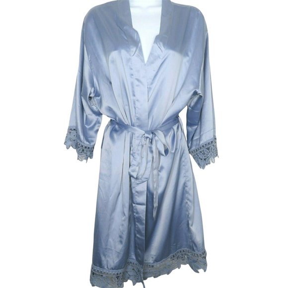 Vintage Blue Satin Dressing Bath Robe One Size Wide Lace Trim Knee Length Belted - Picture 2 of 12
